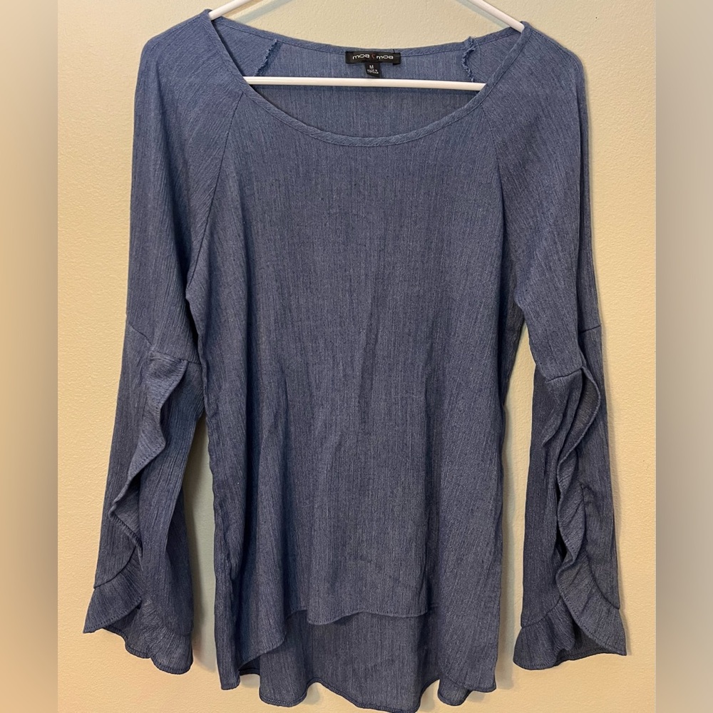 Moa Moa Woman's Blue Crinkle Top w/ Romantic Slit Ruffle Sleeves Blouse! - Picture 7 of 12